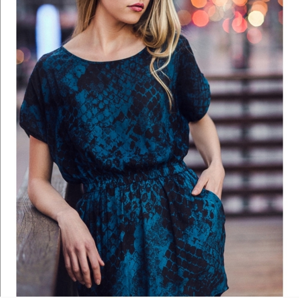 Express Teal Black Snake Reptile Pattern Dress - image 1